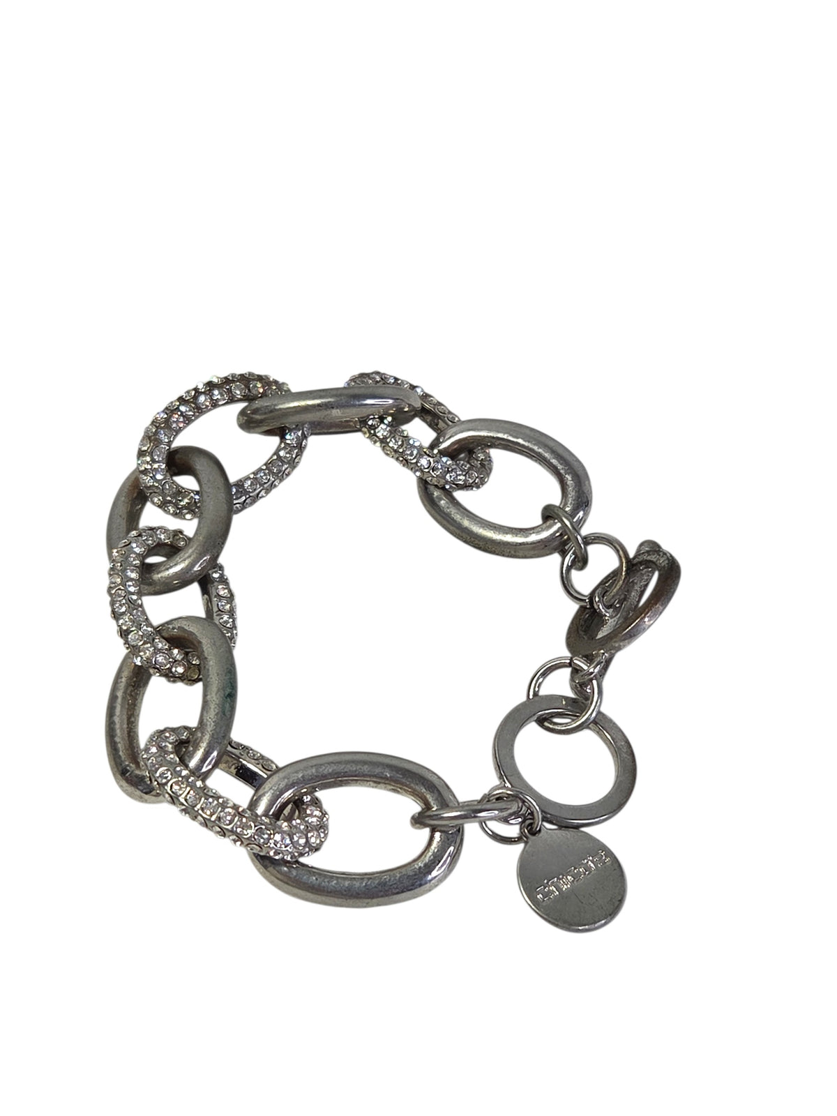 Close-up of the pave crystal links and heavy silver-tone oval links on the Chico's chunky bracelet