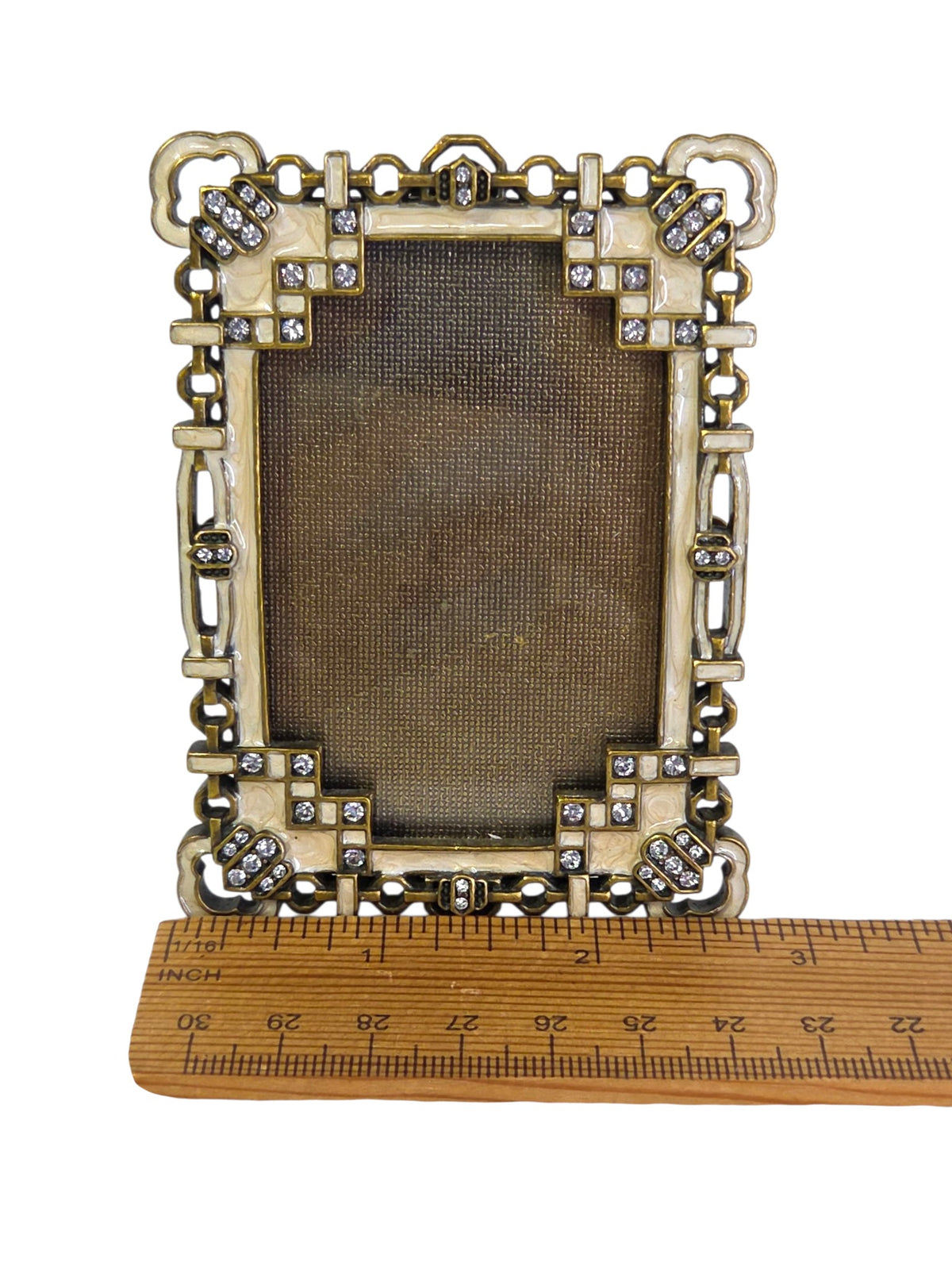 Argento cream enamel and crystal frame with a ruler, about 2 7/8 inches wide