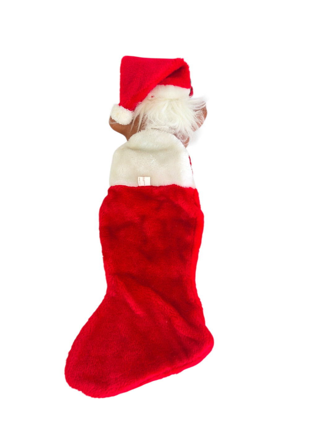 Back of the red plush troll stocking with cloth hands over the white cuff